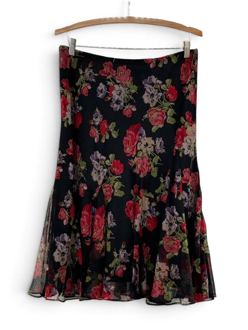 Lauren Ralph Lauren Black Floral Chiffon Midi Skirt Size M Romantic Rose